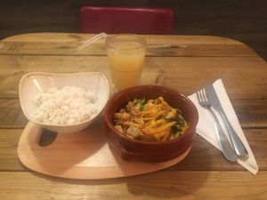 Jackfruit curry - jackfruit and legumes in thick coconut curry served with jasmine rice at Oliveira in South West London