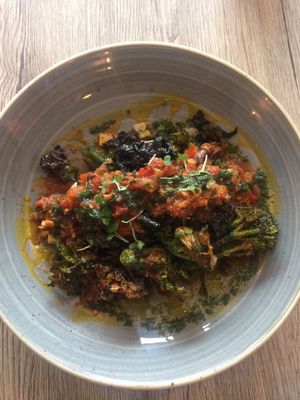 Bronte - broccolini, okra, roasted ground chestnut, black chanterelle, kalette, dasheen, sauce forestiere at Oliveira in South West London
