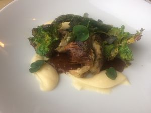 Globe artichoke with kalette and parsnip mouse and 17 root gravy at Oliveira in South West London