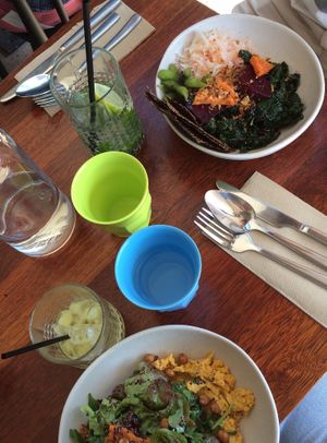 Vegan version: Pumpkin hummus salad and the Summer Veggies Noodle bowl at Kickaboom in Glenbrook