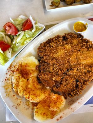 Cachopo de setas, queso vegano y pisto con patata cocina y ensalada at La Cachopería in Aviles