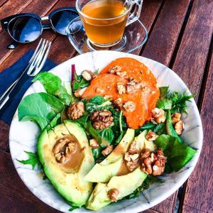 Vitamin glow salad - seasonal leafy greens, butternut pumpkin, avocado, pecans,  at The Juice Lounge in Antalya