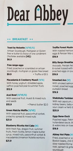 Menu with vegan options marked at Dear Abbey in Moonee Ponds