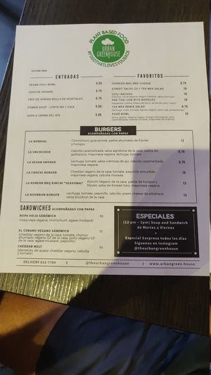 Menu at Urban Greenhouse in Panama City