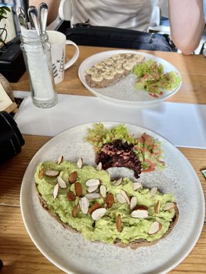 Avocado on toast and almond butter with banana toast  #Veganuary at The Barn in Beirut