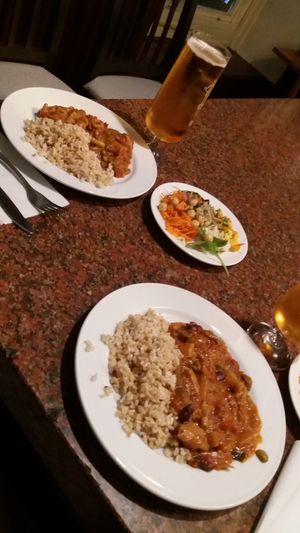 Vegan goulash with whole grain rice at Restaurang Solrosen in Gothenburg