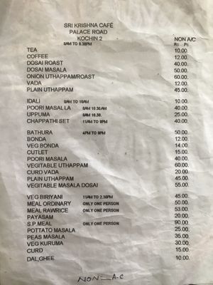 Slightly cheaper menu for the non - air conditioned section at Sri Krishna in Kochi