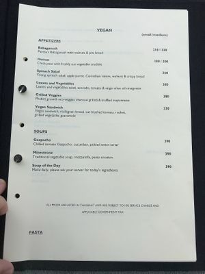 Vegan menu pg 1 at Paresa Resort in Phuket