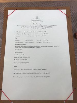 Vegan breakfast menu at Paresa Resort in Phuket