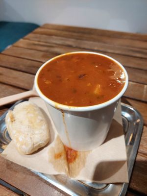 Moroccan harira soup with lentils, chickpeas, lemon and (as a nice twist) dates (8.95€ for L size) at De Soepbar - Spuistraat in Amsterdam