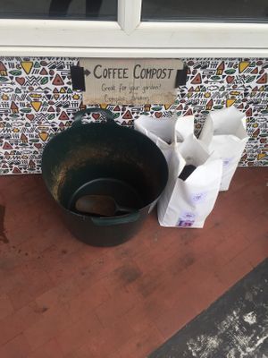 Nice idea how to recycle coffee waste, by the time we were done with brunch two bags were gone😄 at Hunter Gatherer in Portsmouth