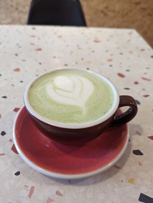 Raspberry ripple matcha latte 💚 at Hunter Gatherer in Portsmouth