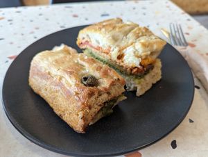 Focaccia - tempeh bacon, cheese and pesto at Hunter Gatherer in Portsmouth