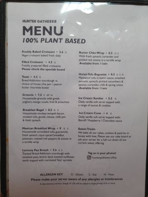 Menu at Hunter Gatherer in Portsmouth