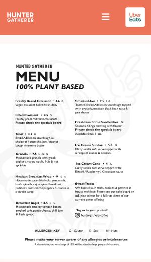 Food Menu  at Hunter Gatherer in Portsmouth