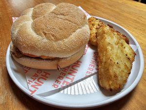 Breakfast bap with hasbrowns at Hunter Gatherer in Portsmouth
