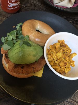 Vegan Sausage bagel.. comes with egg swapped for tofu scramble  at Hunter Gatherer in Portsmouth