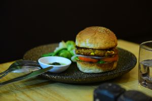 This is our delicious entirely homemade vegan burger at Vegetal Wonder in Siem Reap