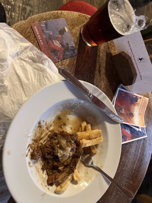 No-moo “beef” pie with chips, sage and onion gravy and a delicious dark session ale.  at The Raven of Bath in Bath