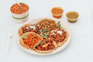One of Each Taco Meal with Side of Beans. Salsa Verde and Roja.  at Cosmos Kitchen Food Truck - Pop Up in Mc Allen
