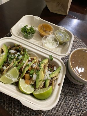 Mix of tacos and charro beans at Cosmos Kitchen Food Truck - Pop Up in Mc Allen