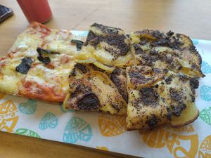 Left vegetarian margarita, right vegan potato pizza at Latin Pizza in Bucharest