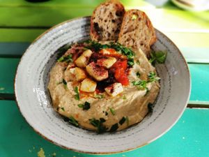 A hummus-based dish with some tofu. Not a fan, but it's nutritious. at Coolinart in Bucharest