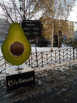 Nice avocado statue outside the café at Coolinart in Bucharest
