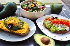 Avocado salad
Avocado toast(avocado and humus)
Avocado toast (avocado, tofu, nuts and tomatoes. at Coolinart in Bucharest