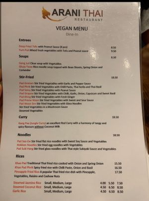 As of March 2020, more recent than the other menu photo at Arani Thai Restaurant in Geelong