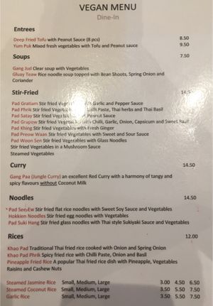 Separate vegan menu at Arani Thai Restaurant in Geelong