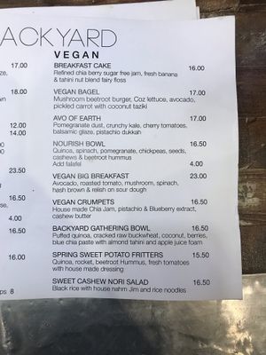 Vegan menu at The Backyard in Geelong