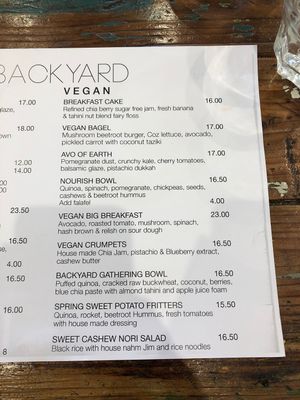 The Backyard menu  at The Backyard in Geelong