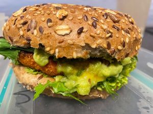 Der Held Burger on a multi-grain bun at Peter Pane in Leipzig