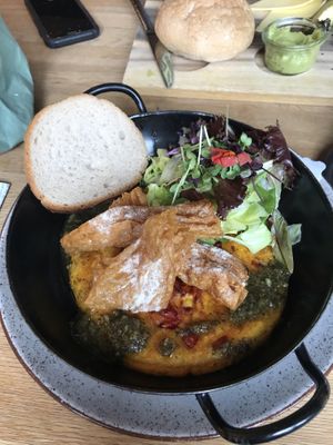 Tofu Omelette with a crispy “bacon" at Vrohstoff in Wurzburg