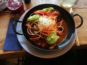 Baked sweet potato with cashew mint dip. at Vrohstoff in Wurzburg