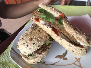 Veggie Hamburger in seeded baguette. at Mahorgany - ANC Mall in Accra