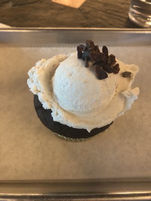 Vegan “award winning” cacao cupcake at Moonlight Cafe in Brewster
