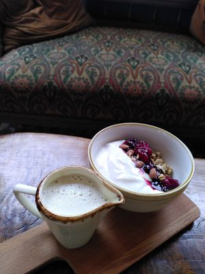 Vegan granola with Berries, yoghurt and almond milk at Mannings Grocers in Fishguard