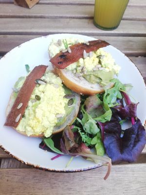 Smashed avo bagel with extra scramble and bakon at Wild and Wild in Congleton