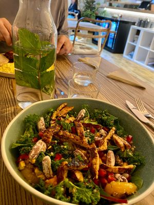 Kale salad, roasted squash and vegetables, pomegranate seeds, tempeh, walnuts, house dressing.  Best ever. at Wild and Wild in Congleton