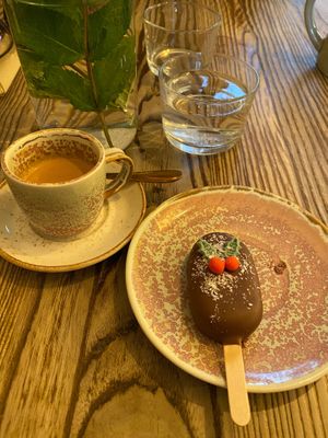  Lollipop shaped chocolate cake covered in chocolate.  Perfect with a coffee. at Wild and Wild in Congleton