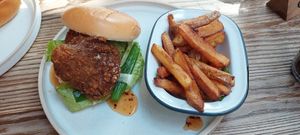Burger with salt and pepper fries at Wild and Wild in Congleton