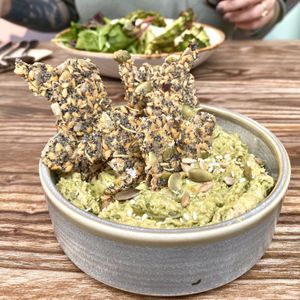 Pesto hummus with homemade crackers  at Wild and Wild in Congleton