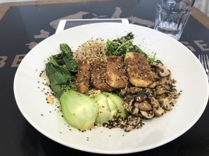 Satay-baked tempeh, wholegrain vermicelli, sesame spinach, shiitake, Pak Choi  at Be The Change - Bake a Difference in Worcester