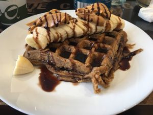 Peanut Butter & Banana topped Buckwheat Waffle at Be The Change - Bake a Difference in Worcester