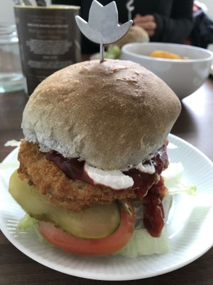 Dirty Burger - very yummi with a crispy chicken patty and sourdough bread at Be The Change - Bake a Difference in Worcester