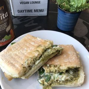 Cheese, pesto and spinach panini at Be The Change - Bake a Difference in Worcester
