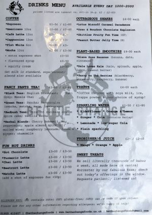 Menu at Be The Change - Bake a Difference in Worcester