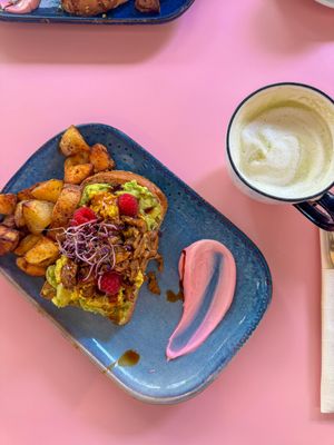 Avocado on toast with scrambled tofu and matcha latte with soy milk   at Ziga in Verona